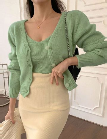 Set Maiou și Cardigan DAZY / LESS by SHEIN, verde