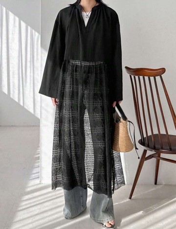 Bluză lungă FRIFUL by SHEIN, negru