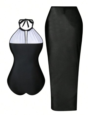 Set costum de baie și fustă Shein Curve+, negru