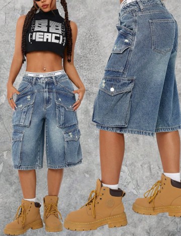 Pantaloni scurți de blugi Shein, albastru