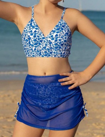 Set costum de baie și fustă Shein, albastru