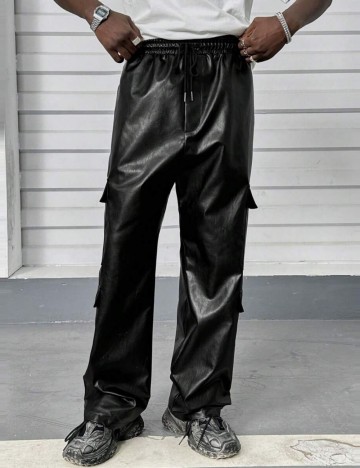 Pantaloni imitație din piele MANFINITY by Shein, negru