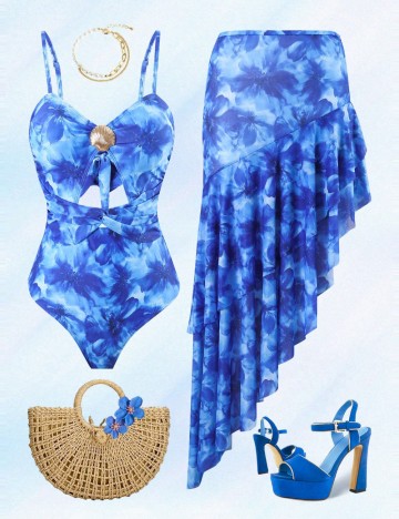 Set costum de baie și fustă Shein, albastru