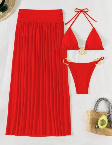Set costum de baie și fustă Shein, roșu