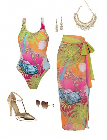 Set costum de baie și fustă Shein, mix culori