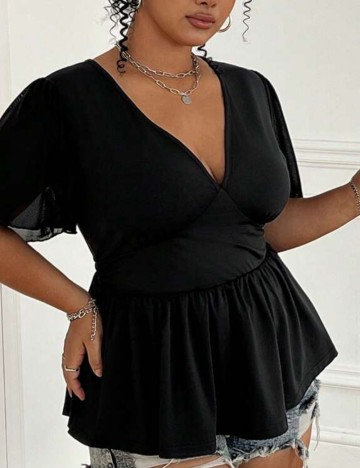 Bluză cu mânecă scurtă Shein Curve+, negru