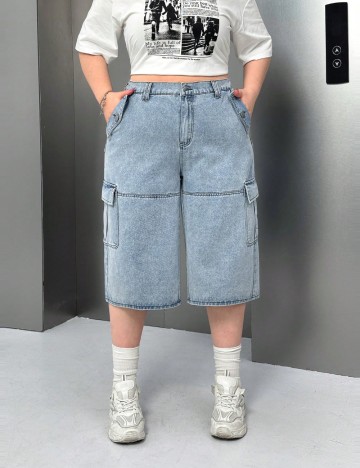 Pantaloni 3/4 Shein Curve+, albastru
