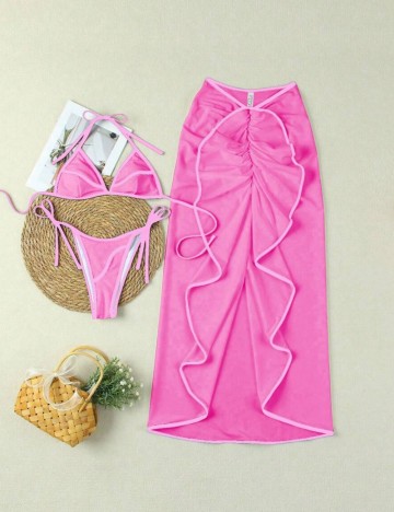 Set costum de baie și fustă Shein, roz