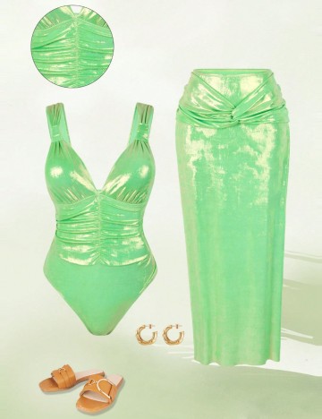 Set costum de baie și fustă Shein Curve+, verde