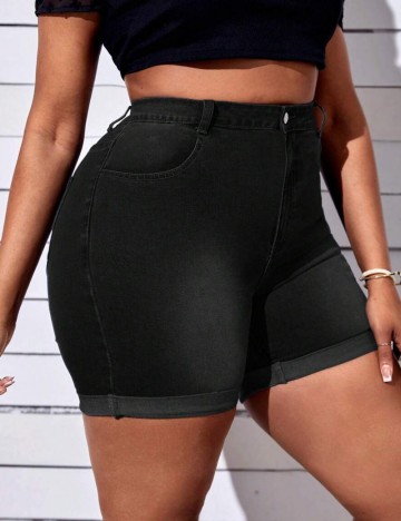 Pantaloni scurți de blugi Shein Curve+, negru