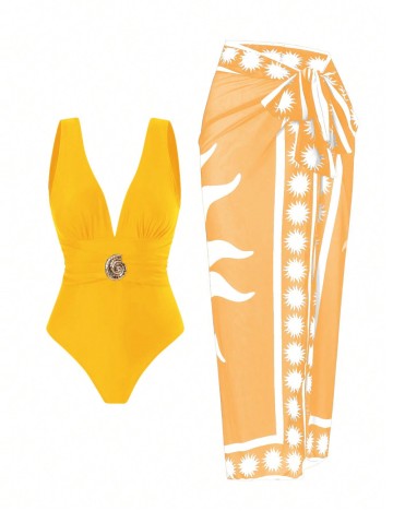 Set costum de baie și fustă Shein, galben