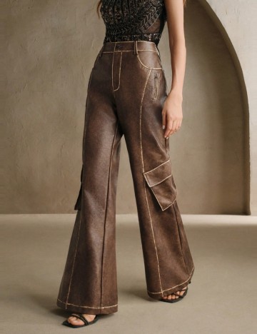 Pantaloni imitație din piele Shein, maro