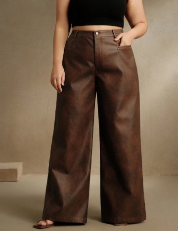 Pantaloni din imitatie de piele Shein Curve+, maro