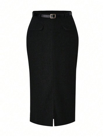Fustă midi Shein Curve+, negru