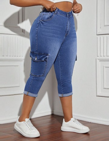 Pantaloni 3/4 Shein Curve+, albastru