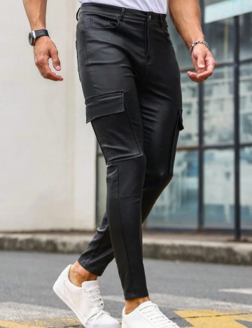 Pantaloni imitație din piele Shein MANFINITY, negru