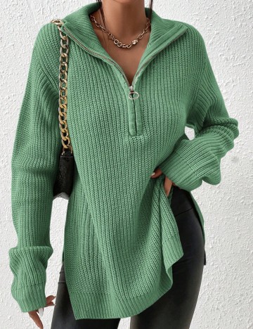 Pulover cu fermoar Shein, verde