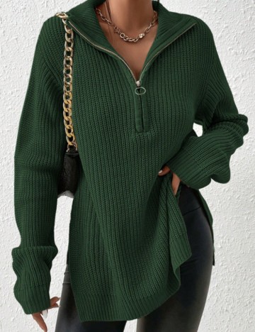 Pulover cu fermoar Shein, verde