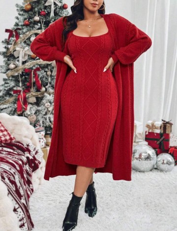 Set Rochie și Cardigan Shein Curve+, vișiniu