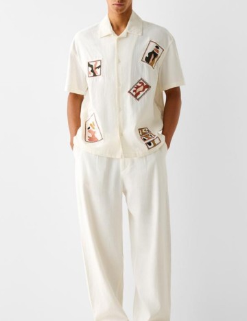 Cămașă cu mânecă scurtă Bershka, crem