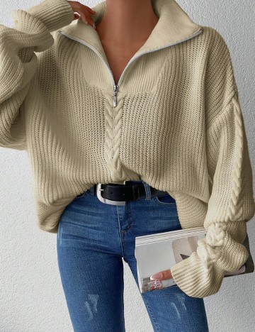 Pulover cu fermoar Shein, bej
