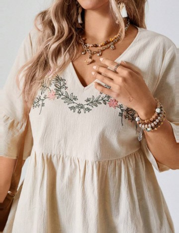 Cămașă cu mânecă scurtă Shein Curve+, bej