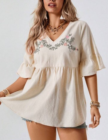 Cămașă cu mânecă scurtă Shein Curve+, bej