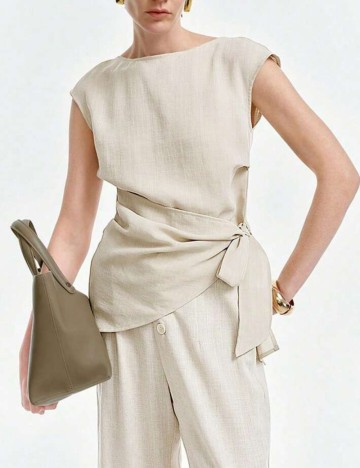 Cămașă cu mânecă scurtă Shein, bej