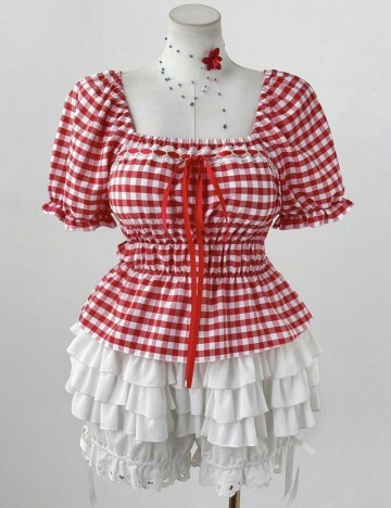 Cămașă cu mânecă scurtă Shein Curve+, roșu