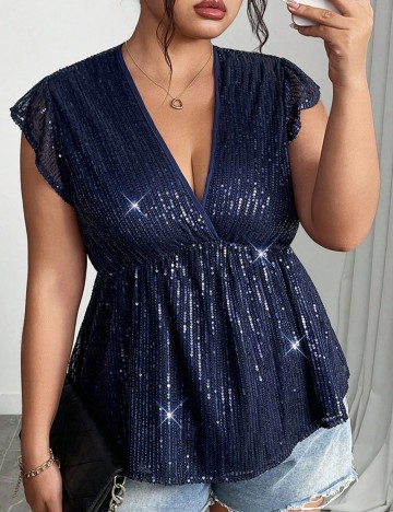 Cămașă cu mânecă scurtă Shein Curve+, albastru