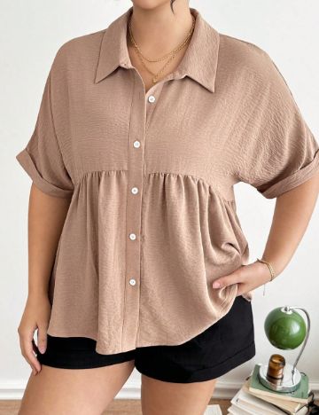 Cămașă cu mânecă scurtă Shein Curve+, maro