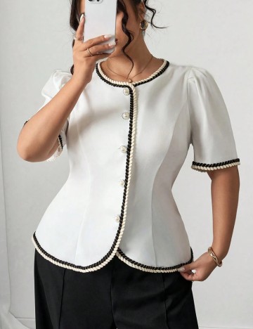 Cămașă cu mânecă scurtă Shein Curve+, alb
