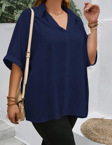 Cămașă cu mânecă scurtă Shein Curve+, albastru