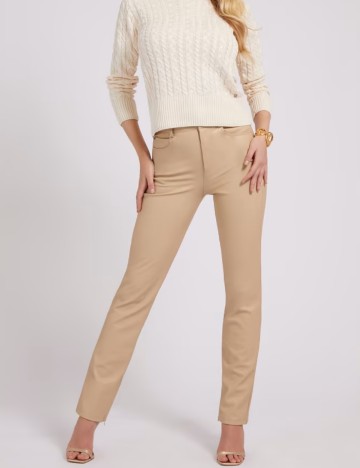 Pantaloni imitație din piele Guess, bej