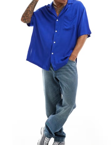 Cămașă cu mânecă scurtă ASOS, albastru