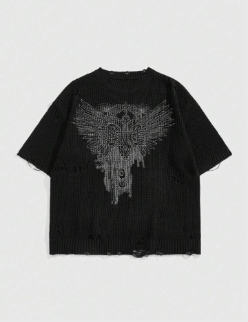 Pulover cu m&acirc;necă scurtă Shein, negru