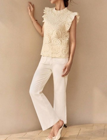 Cămașă cu m&acirc;necă scurtă Shein MOTF, crem