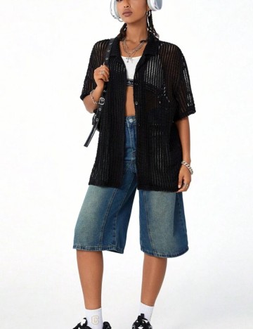 Cămașă cu m&acirc;necă scurtă Shein, negru