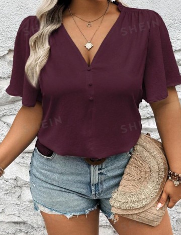 Cămașă cu m&acirc;necă scurtă Shein Curve+, mov