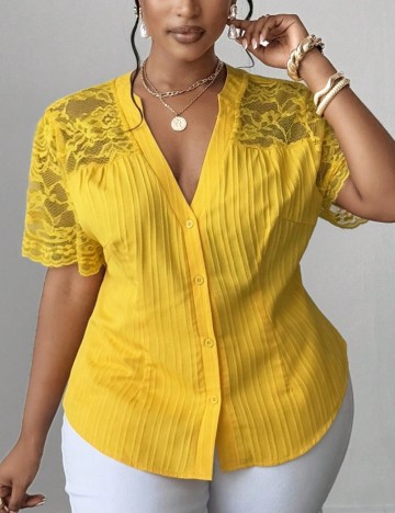 Cămașă cu m&acirc;necă scurtă Shein Curve+, galben