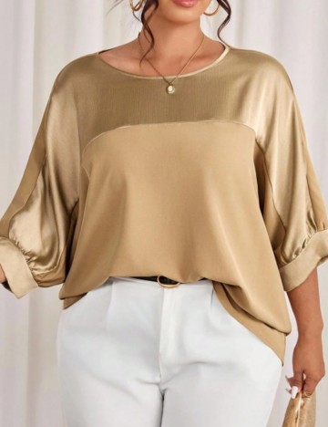 Cămașă cu m&acirc;necă scurtă Shein Curve+, bej