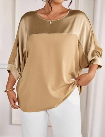 Cămașă cu m&acirc;necă scurtă Shein Curve+, bej