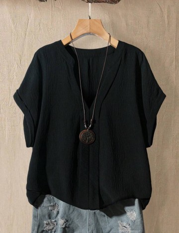 Cămașă cu m&acirc;necă scurtă Shein Curve+, negru