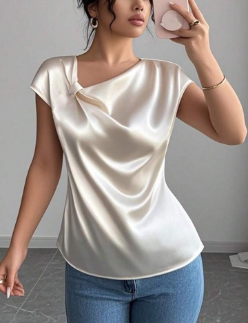 Cămașă cu m&acirc;necă scurtă Shein, crem