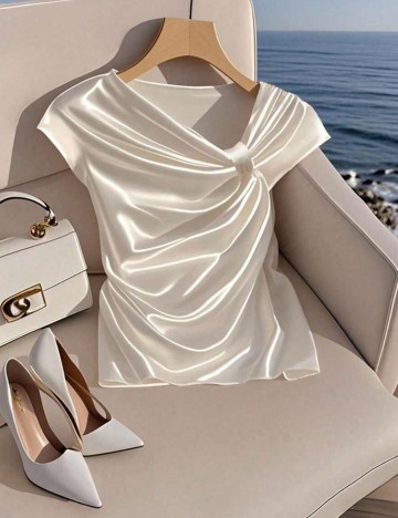 Cămașă cu m&acirc;necă scurtă Shein, crem