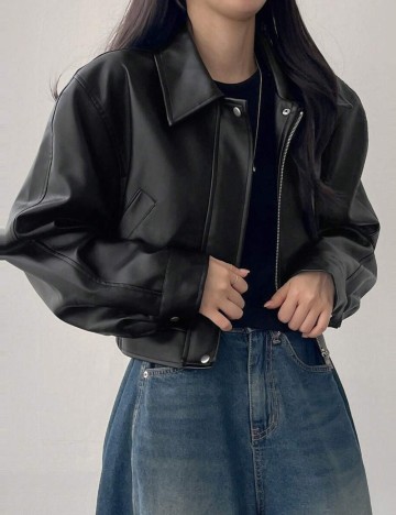 Geacă Imitație Piele Shein, negru