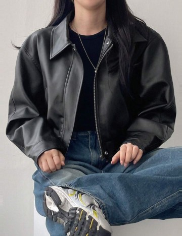 Geacă Imitație Piele Shein, negru