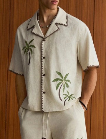 Cămașă cu m&acirc;necă scurtă Shein, crem