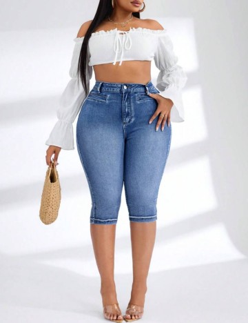 Pantaloni 3/4 Shein Curve+, albastru