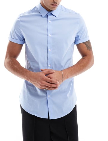 Cămașă cu m&acirc;necă scurtă ASOS, albastru